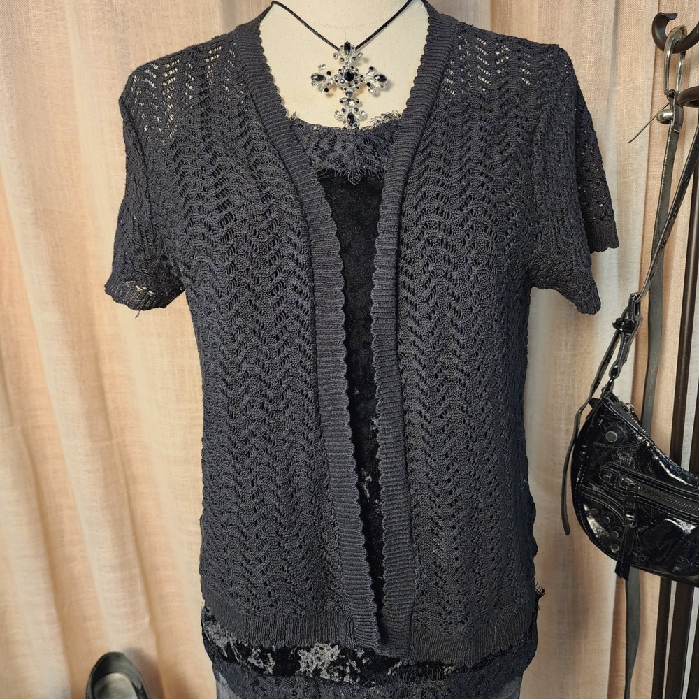 Vintage 90s Basic Editions Black Open Knit Cardigan XL Made USA Crochet Goth